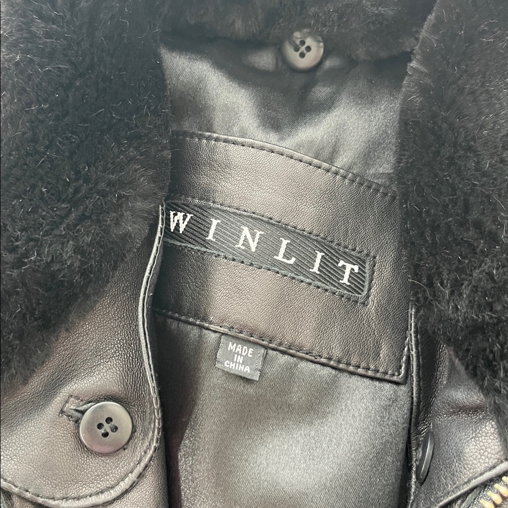 Winlit Leather Jacket Fur Collar Belted Midi Thinsulate - Picture 8 of 10